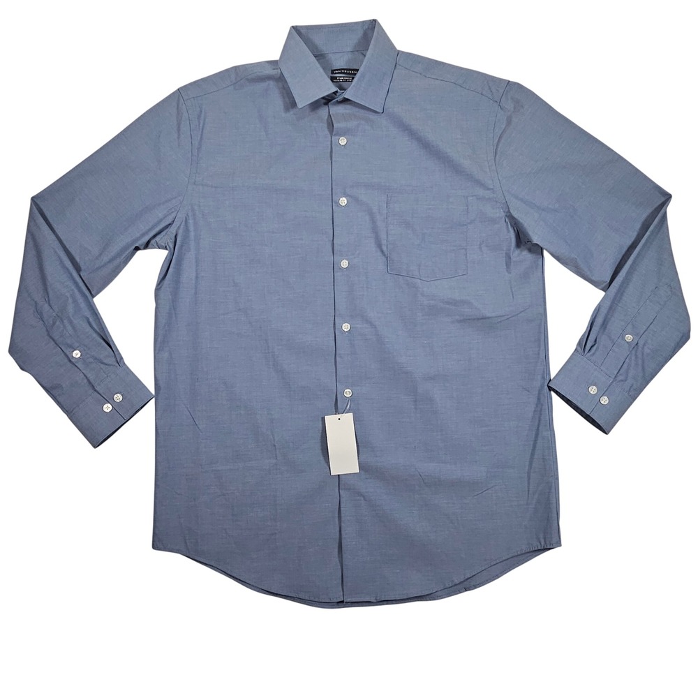 Van Heusen Stain Shield‎ Regular Fit Stretch Men Dress Shirt Blue Size M 15-15.5
